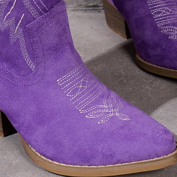 Women's Suede Embroidered Side Zipper High Heeled Boots With Sloping Heel Purple - Picture 7 of 7